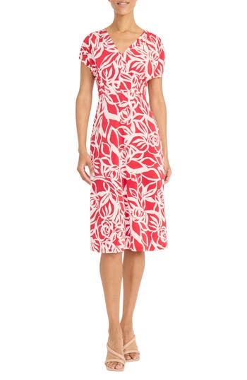 Maggy London Pleated Bodice Midi Dress In Red/ivory