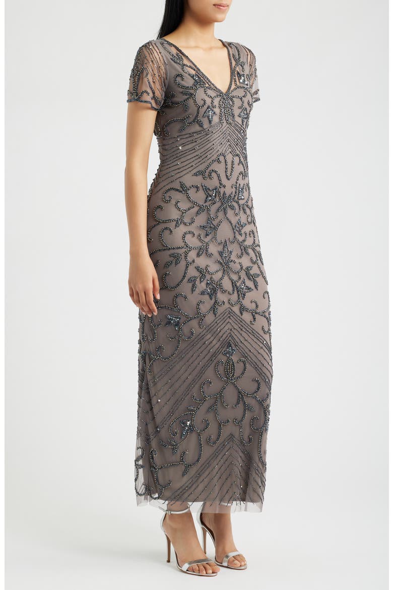 Beaded Mesh Column Gown, Alternate, color, SMOKE 021