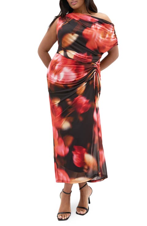 Abstract Floral One-Shoulder Mesh Dress