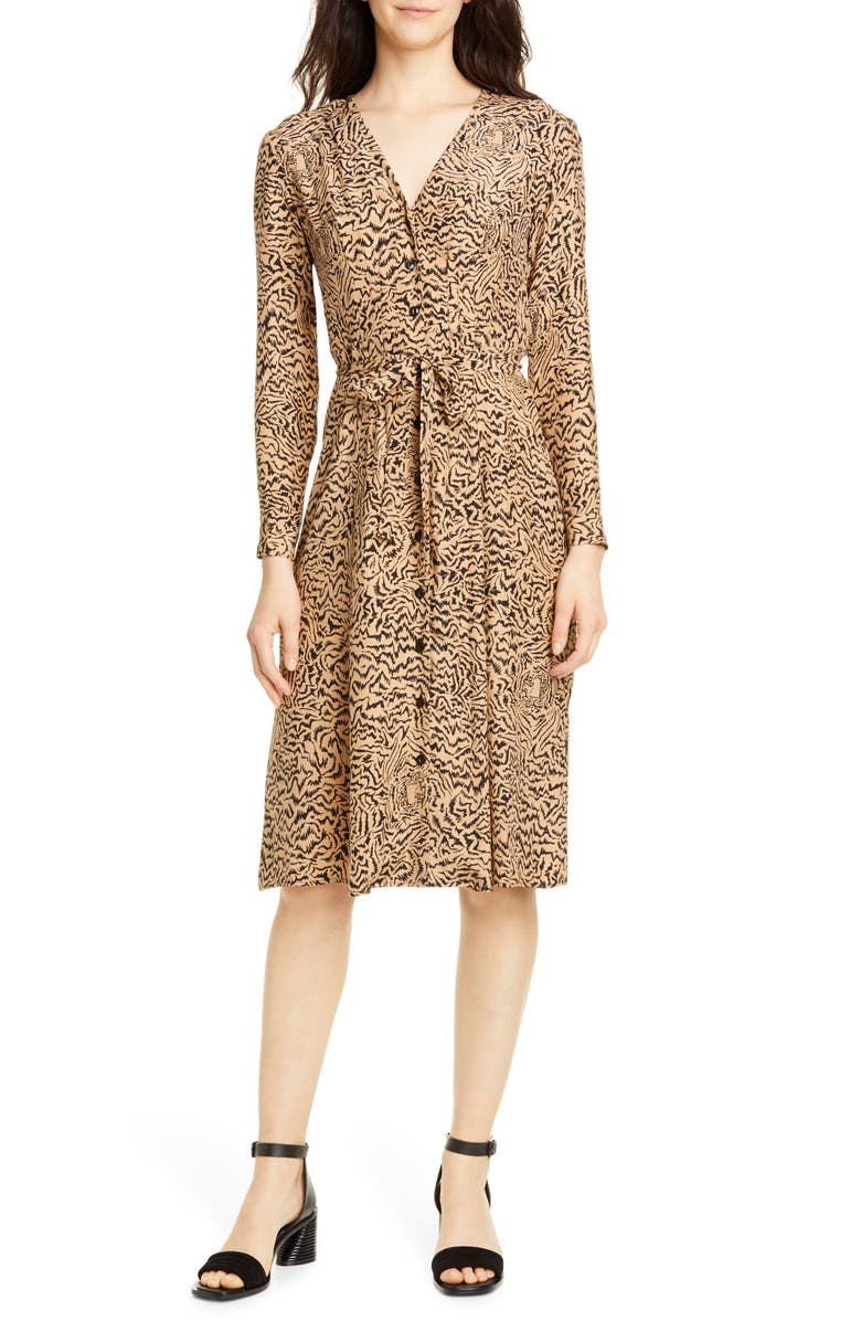 HVN Lauren Print Long Sleeve Silk Shirtdress, Main, color, 