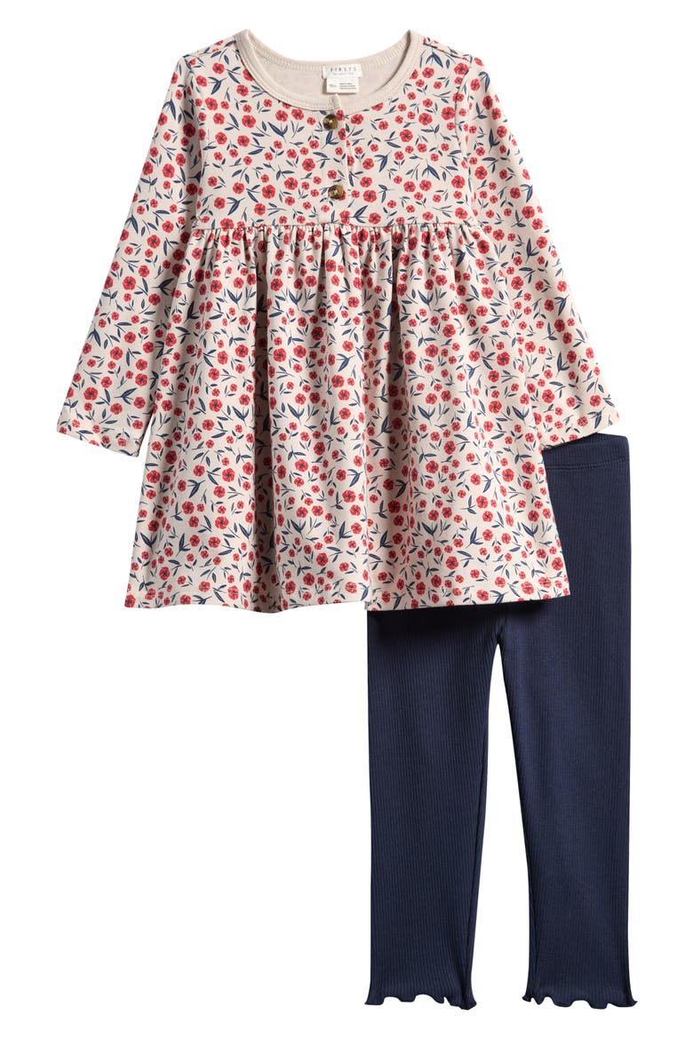 Polly Print Long Sleeve Cotton Dress & Leggings Set, Main, color, BEIGE