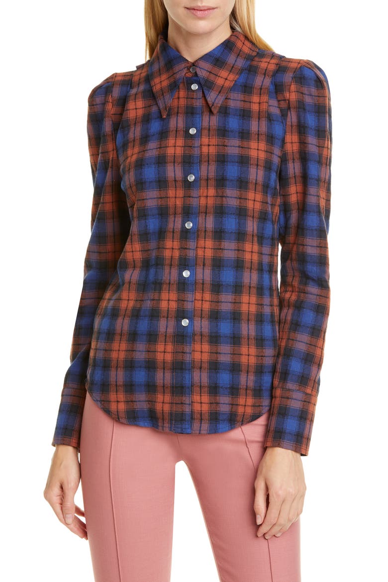 Puff Sleeve Plaid Flannel Shirt, Main, color, NAVY/ RUST PLAID