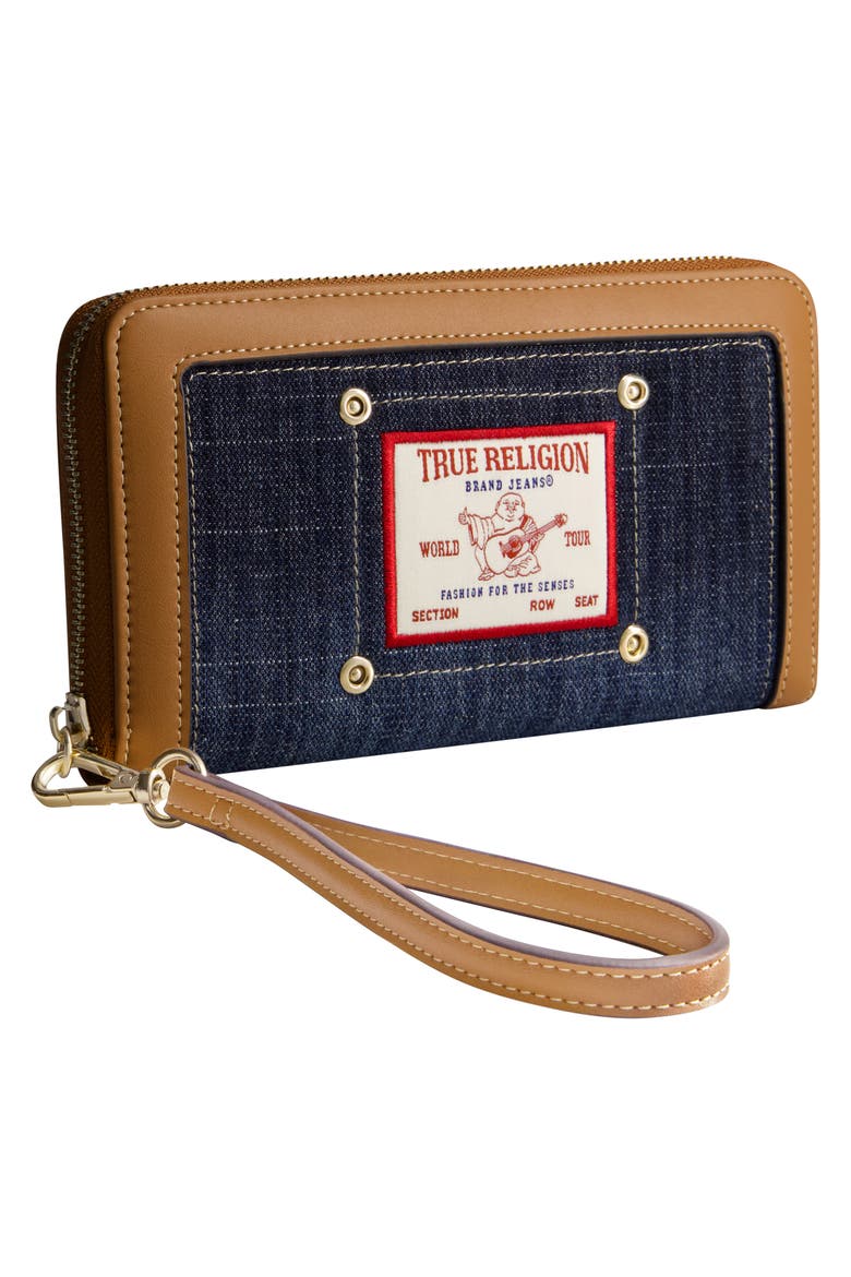 Buddha Patch Zip Around Wristlet, Alternate, color, DARK DENIM