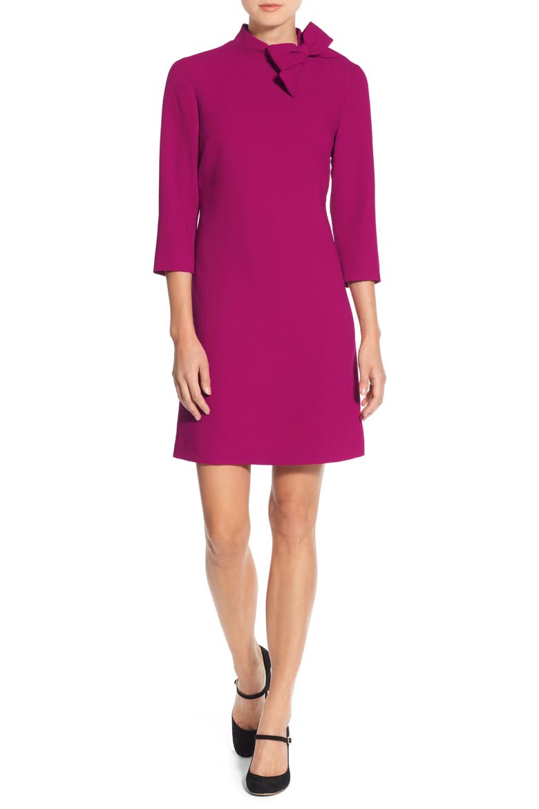 Bow Neck Crepe Shift Dress, Main, color, PINK