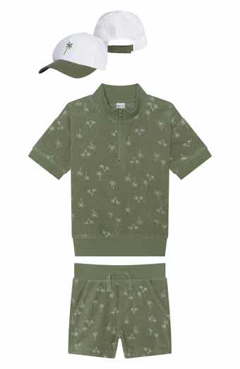 Petit Lem Kids' Towel Terry Quarter Zip Shirt, Shorts & Baseball Cap Set
