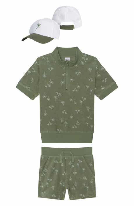 Petit Lem Kids' Towel Terry Quarter Zip Shirt, Shorts & Baseball Cap Set