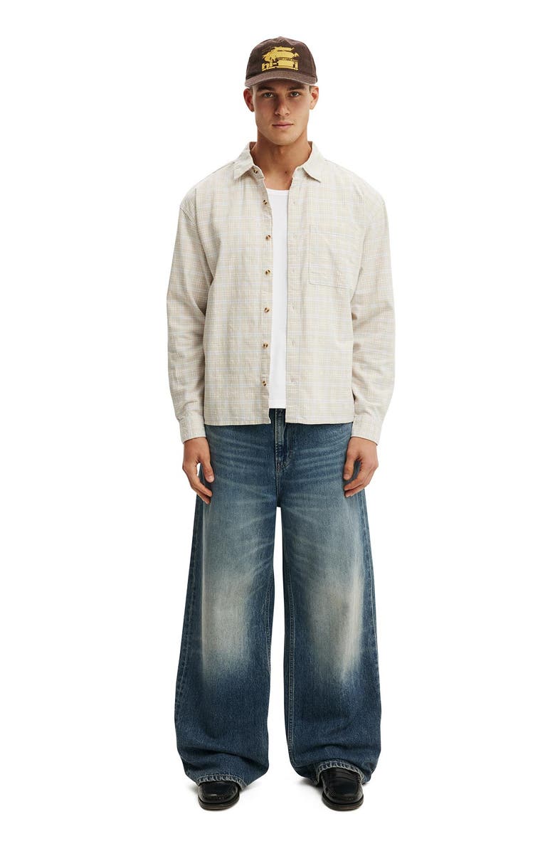 Cotton On Men's Remi Long Sleeve Shirt, Alternate, color, Stone Textured Check