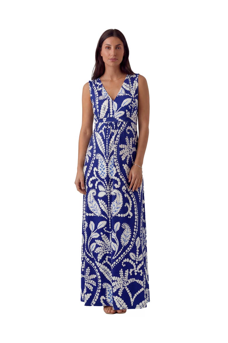Maternity Essential Abstract Print V-Neck Sleeveless Tie Back Empire Waist Maxi Dress, Main, color, Blue Multi