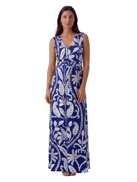 Maternity Essential Abstract Print V-Neck Sleeveless Tie Back Empire Waist Maxi Dress
