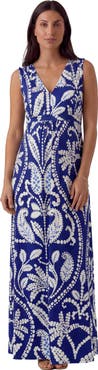 24seven Comfort Apparel Maternity Essential Abstract Print V-Neck Sleeveless Tie Back Empire Waist Maxi Dress
