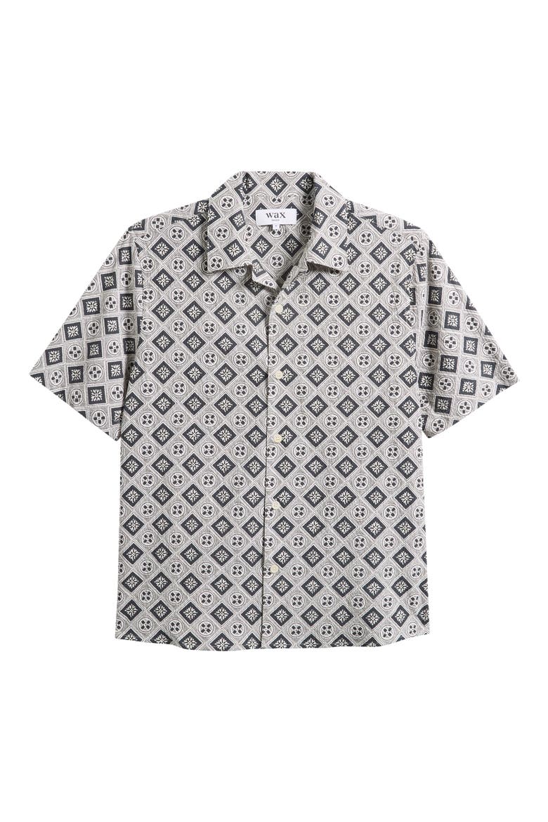 Didicot Tile Print Stretch Cotton Camp Shirt, Main, color, ECRU / BLACK