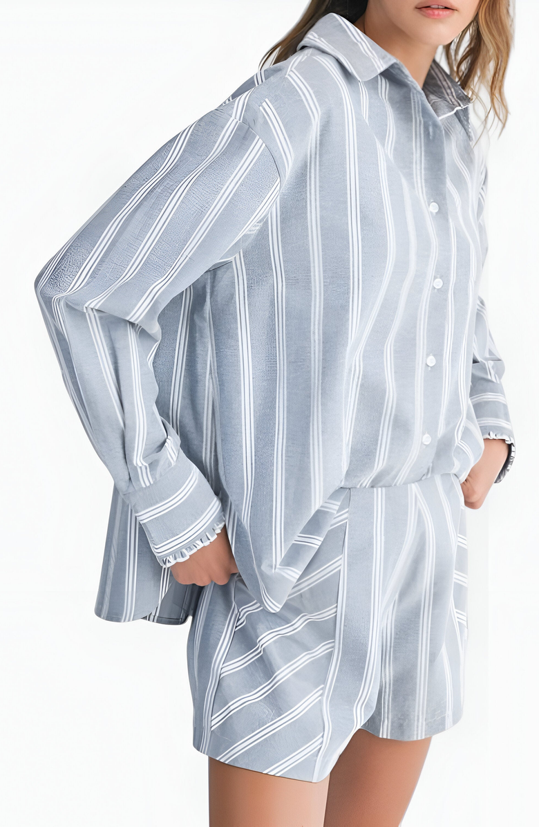 Modenaire Striped Button-Up Shirt and High-Waist Shorts Set with Relaxed Fit, Alternate, color, 