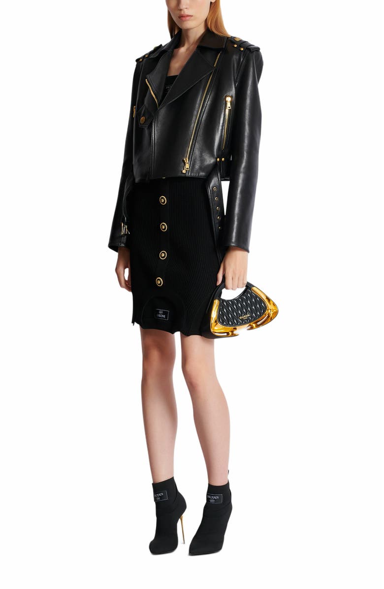 Balmain Short Optical Illusion Ribbed Knit Skirt, Alternate, color, Black