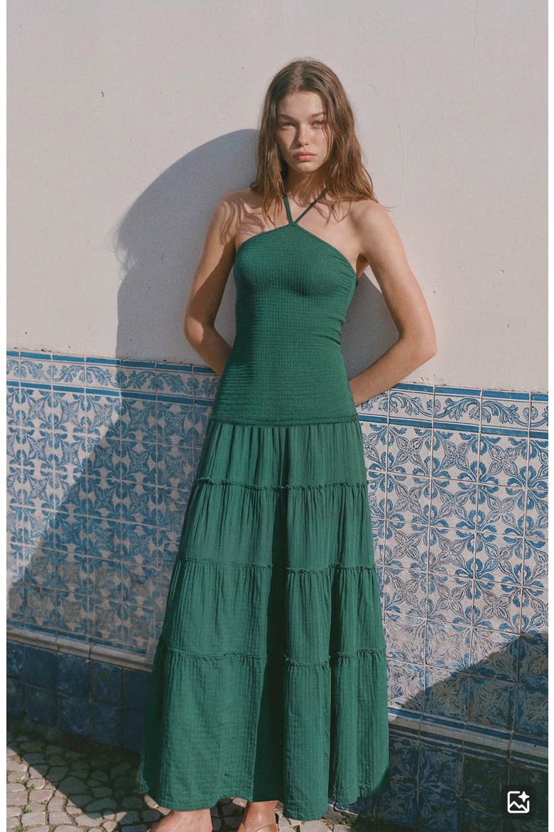 Smocked Cotton Gauze Halter Dress, Alternate, color, GREEN