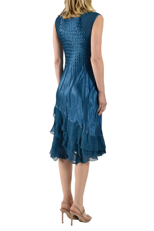 Komarov Wide Sleeve Charmeuse & Chiffon Tiered Dress With Jacket In Blue