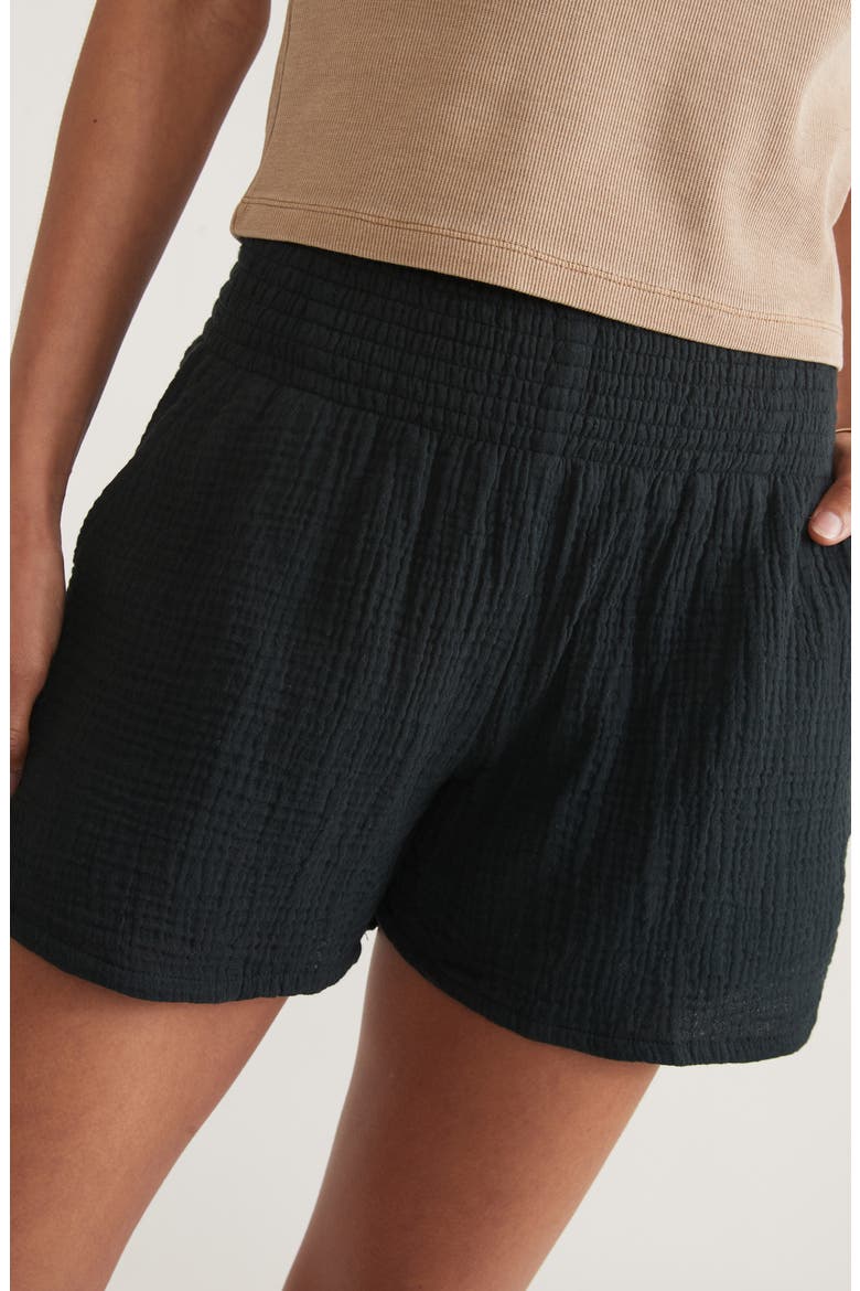 Corinne Smocked Double Cloth Cotton Shorts, Alternate, color, BLACK