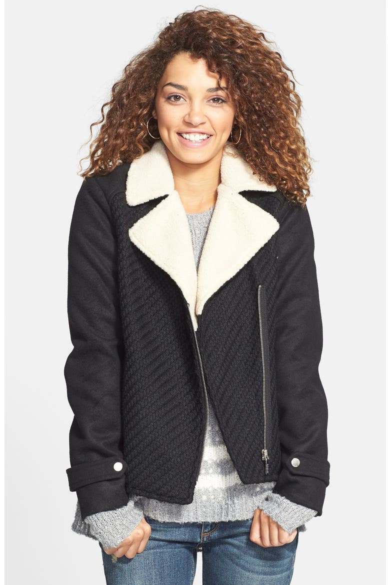 Faux Shearling Collar Asymmetrical Zip Jacket, Main, color, BLACK