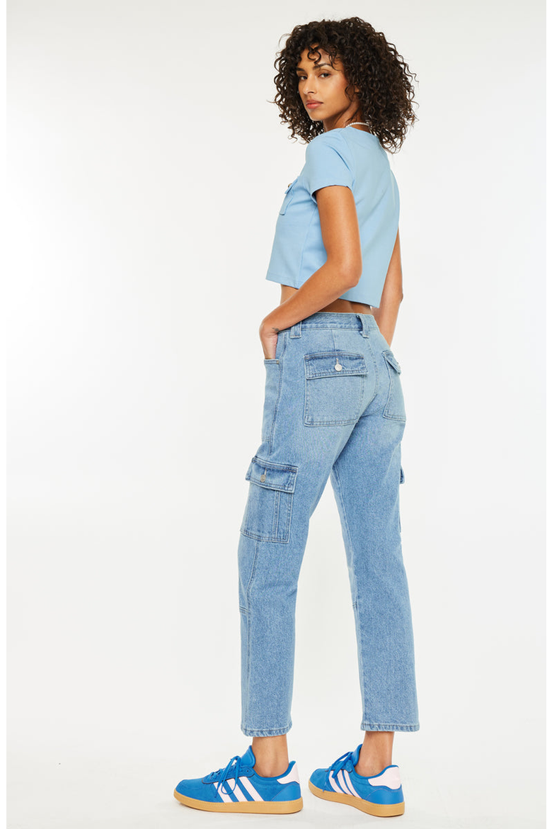 Aaliyah High Rise Slim Straight Leg Cargo Jeans, Alternate, color, Medium Wash