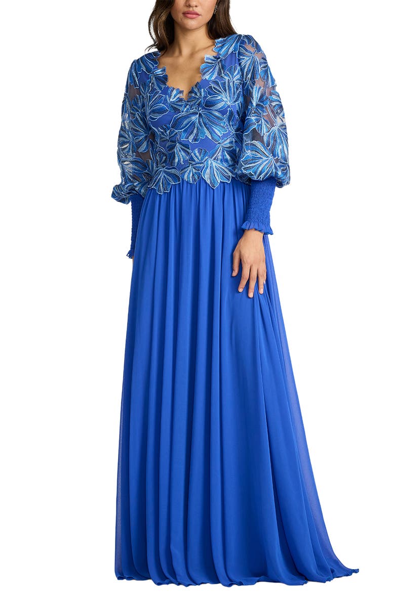 Tadashi Shoji Embroidered Bodice Long Sleeve Gown, Main, color, Blue Lagoon
