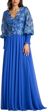 Tadashi Shoji Embroidered Bodice Long Sleeve Gown