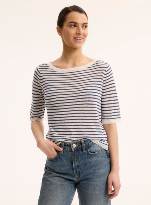 Linen Knit Stripe Elbow Sleeve Crewneck