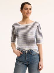 Majestic Filatures Linen Knit Stripe Elbow Sleeve Crewneck