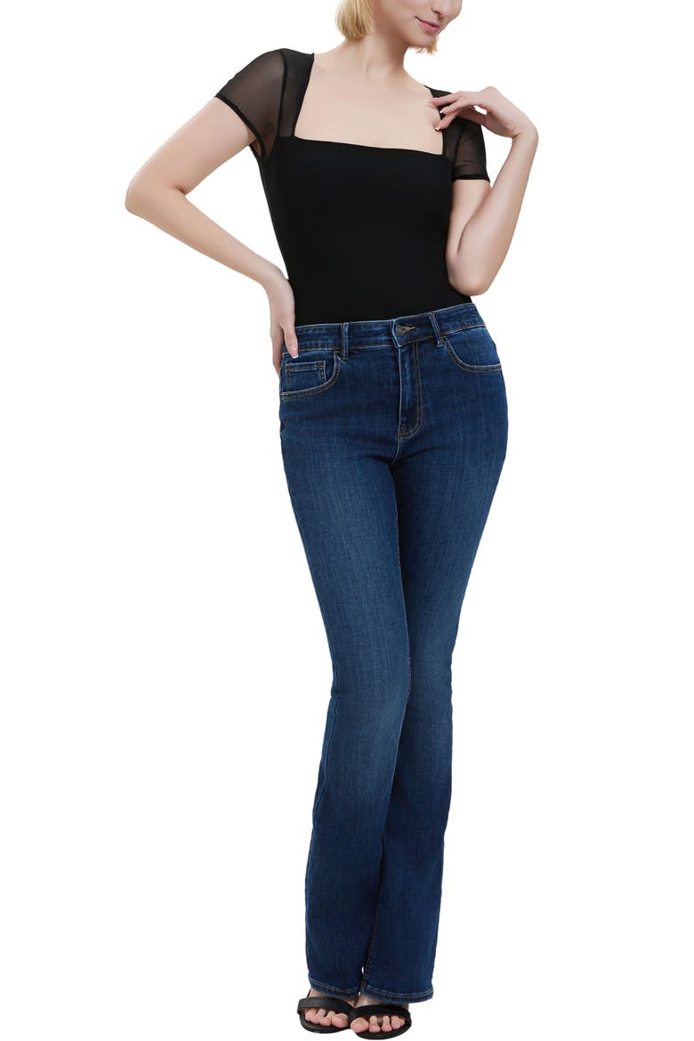 Square Neck Sheer Sleeve Bodysuit Top, Alternate, color, Black