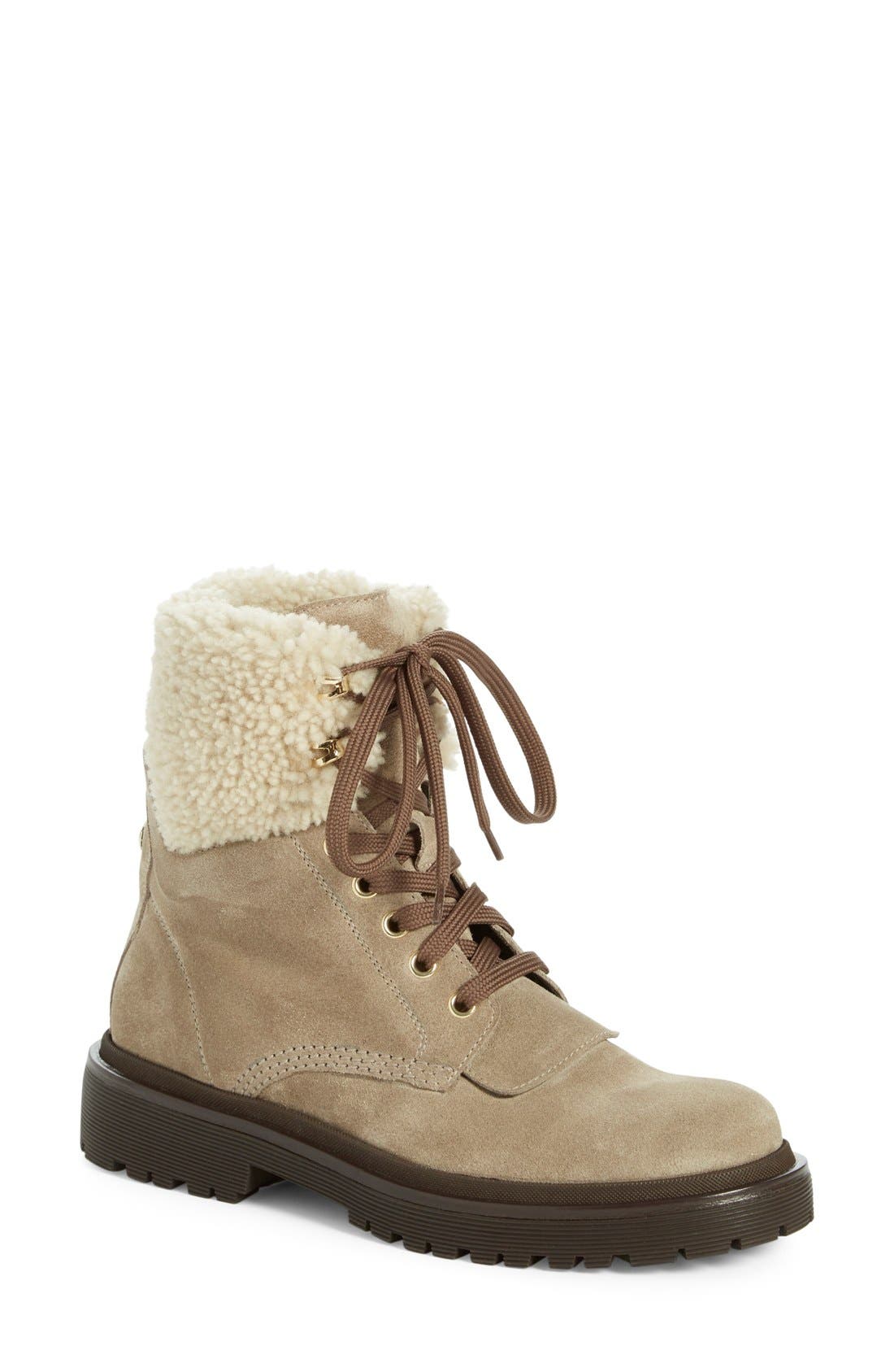 Moncler 'Patty Scarpa' Genuine Shearling Trim Ankle Boot, Main, color, 