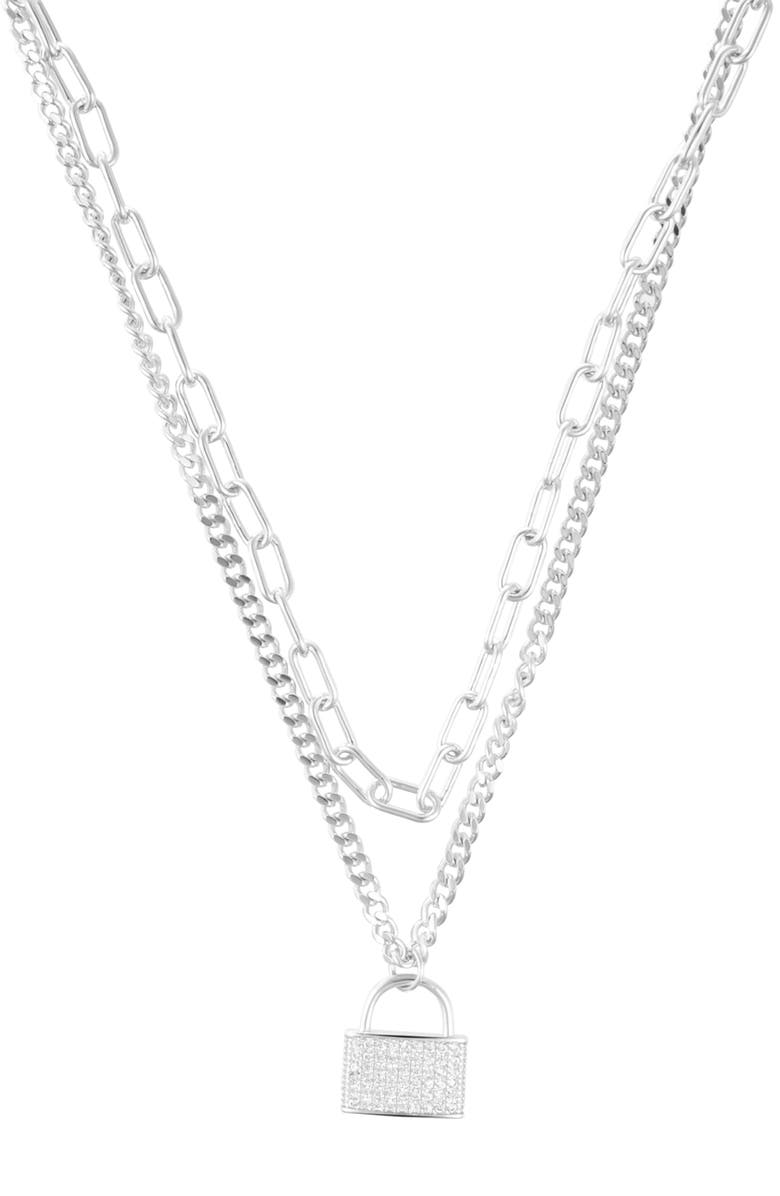 Adornia Pavé Lock Layered Necklace, Main, color, Silver