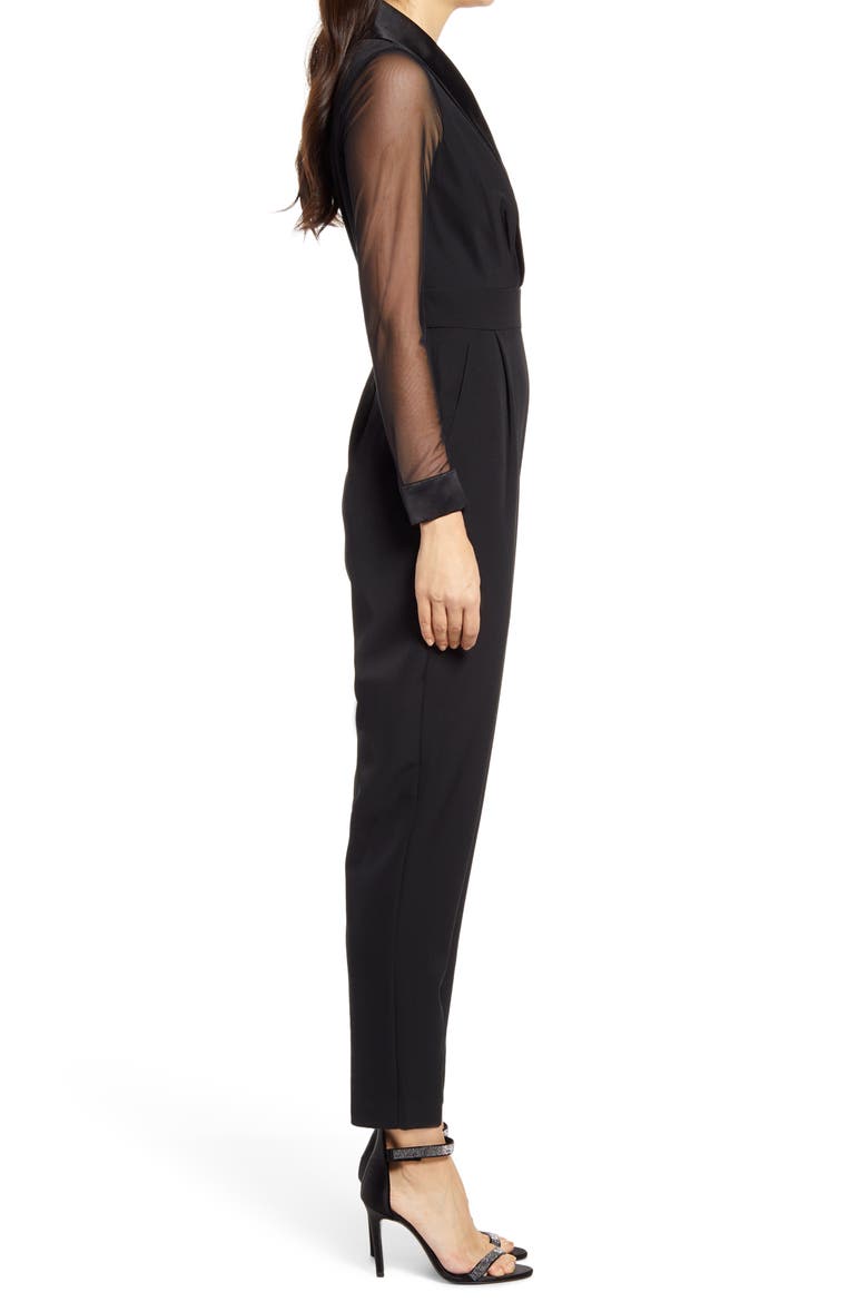 Long Sleeve Shawl Collar Tuxedo Jumpsuit, Alternate, color, BLACK
