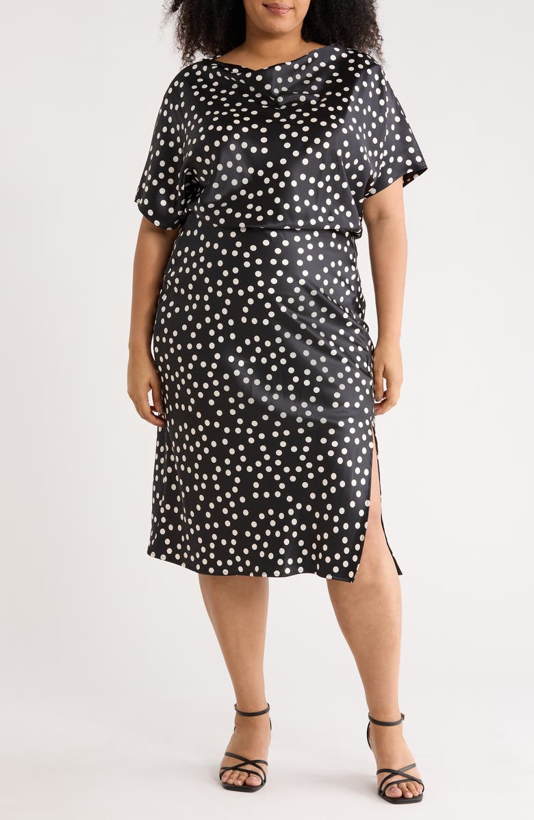 Renee C Polka Dot Short Sleeve Satin Midi Dress, Main, color, Black