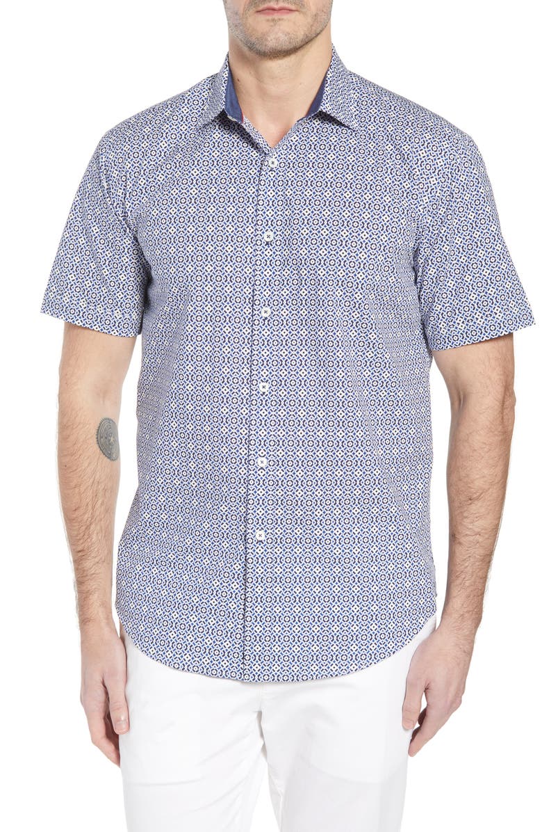Bugatchi Shaped Fit Print Sport Shirt, Main, color, 