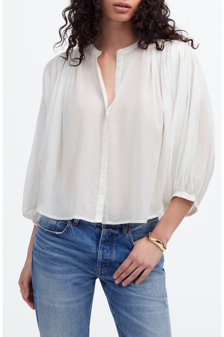 Shirred Voile Button-Up Top, Main, color, WHITE