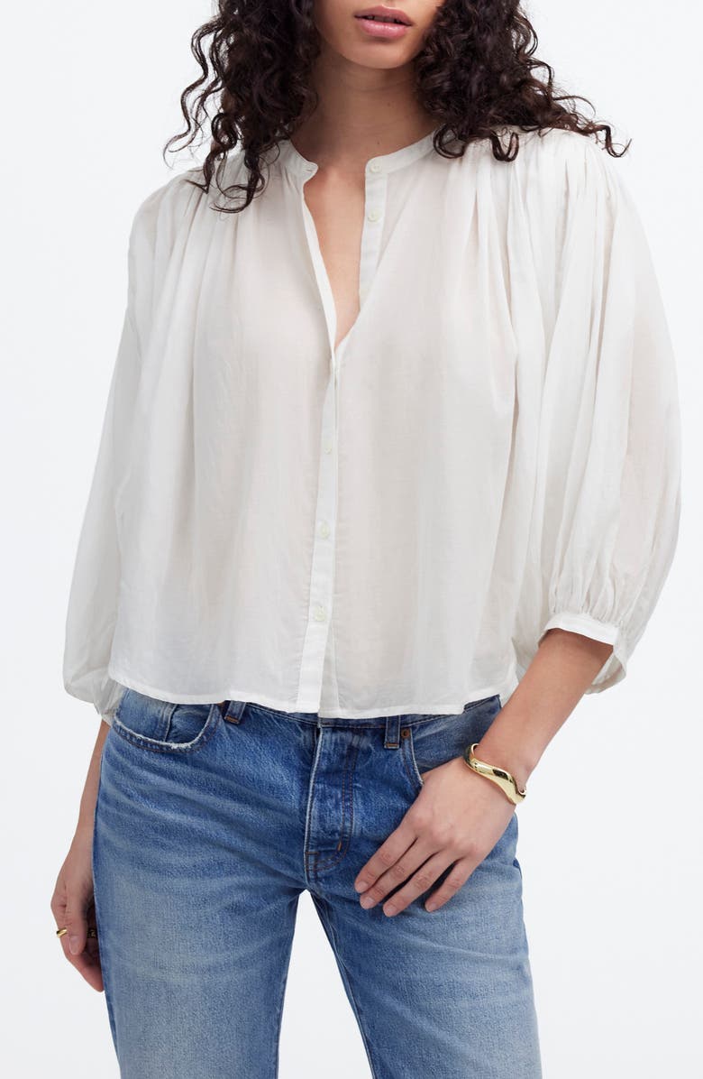 Madewell Shirred Voile Button-Up Top, Main, color, White