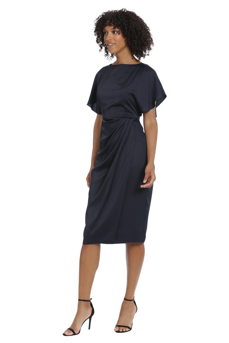 Flutter Sleeve Charmeuse Midi Dress, Alternate, color, TWILIGHT NAVY
