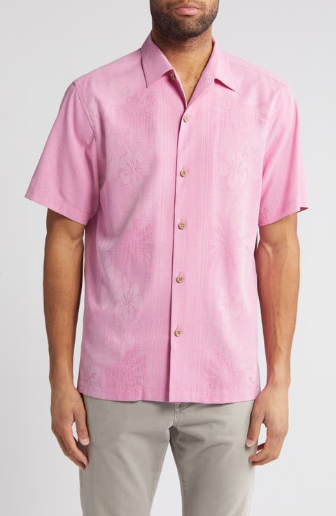 Bali Border Floral Jacquard Short Sleeve Silk Button-Up Shirt
