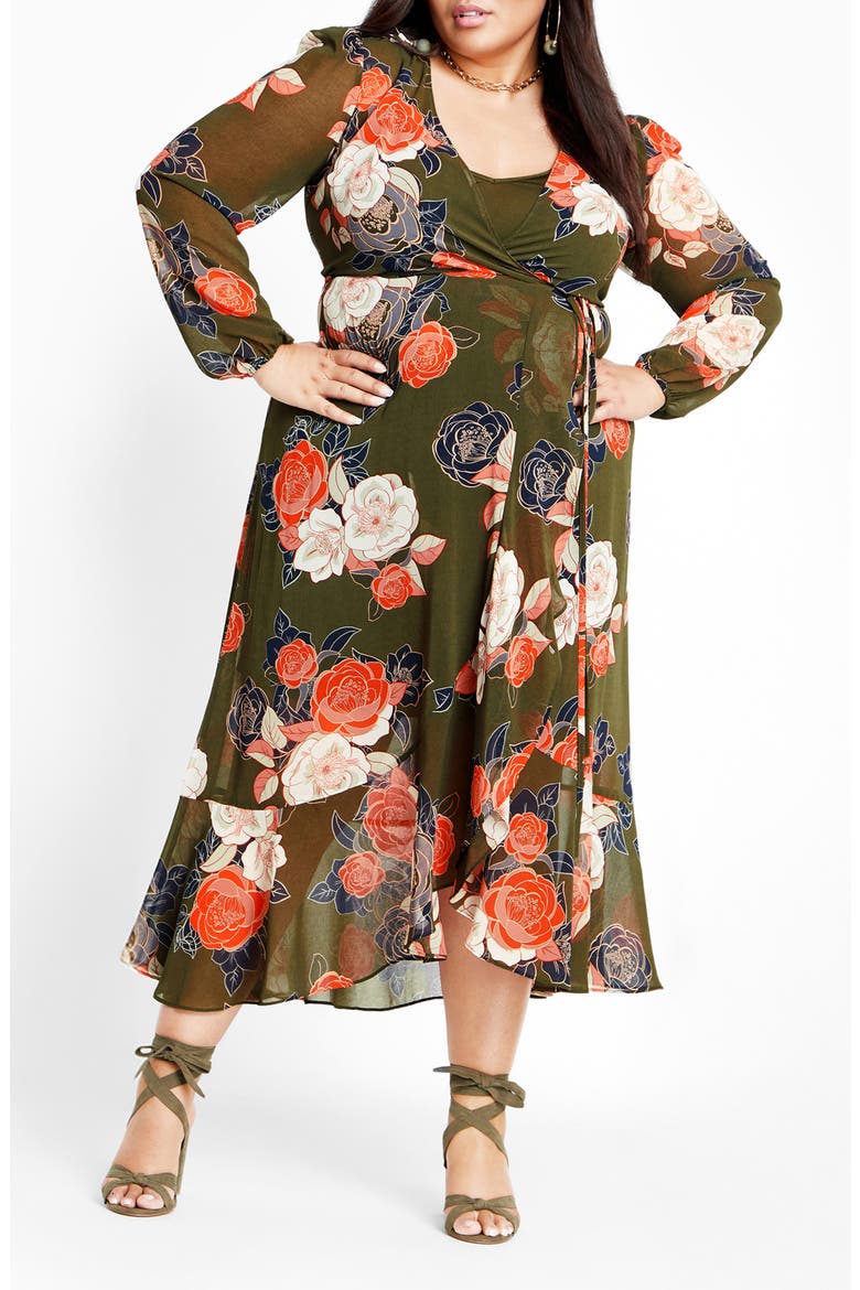 Kataleya Long Sleeve Chiffon Maxi Wrap Dress, Main, color, OLIVE FLORAL