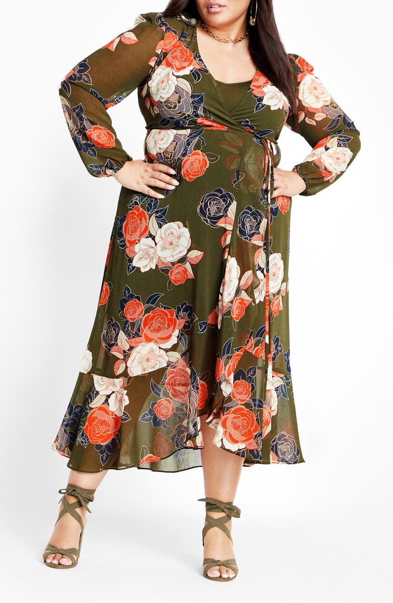 City Chic Kataleya Long Sleeve Chiffon Maxi Wrap Dress, Main, color, Olive Floral