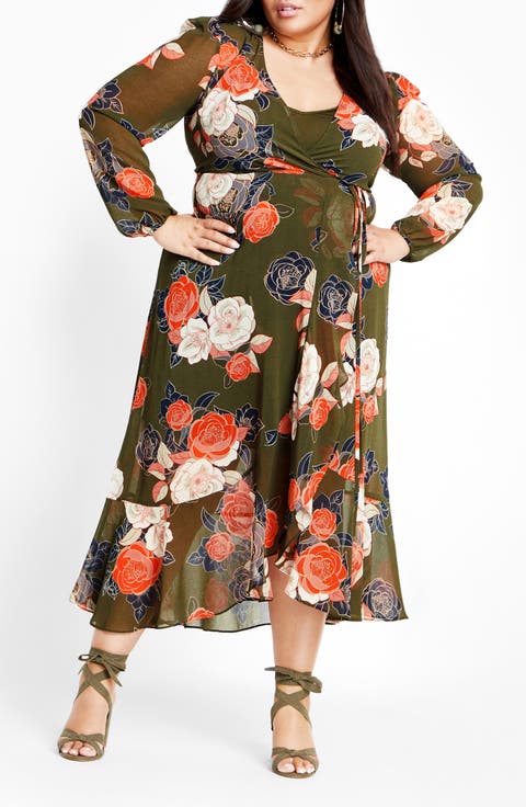 Kataleya Long Sleeve Chiffon Maxi Wrap Dress (Plus)
