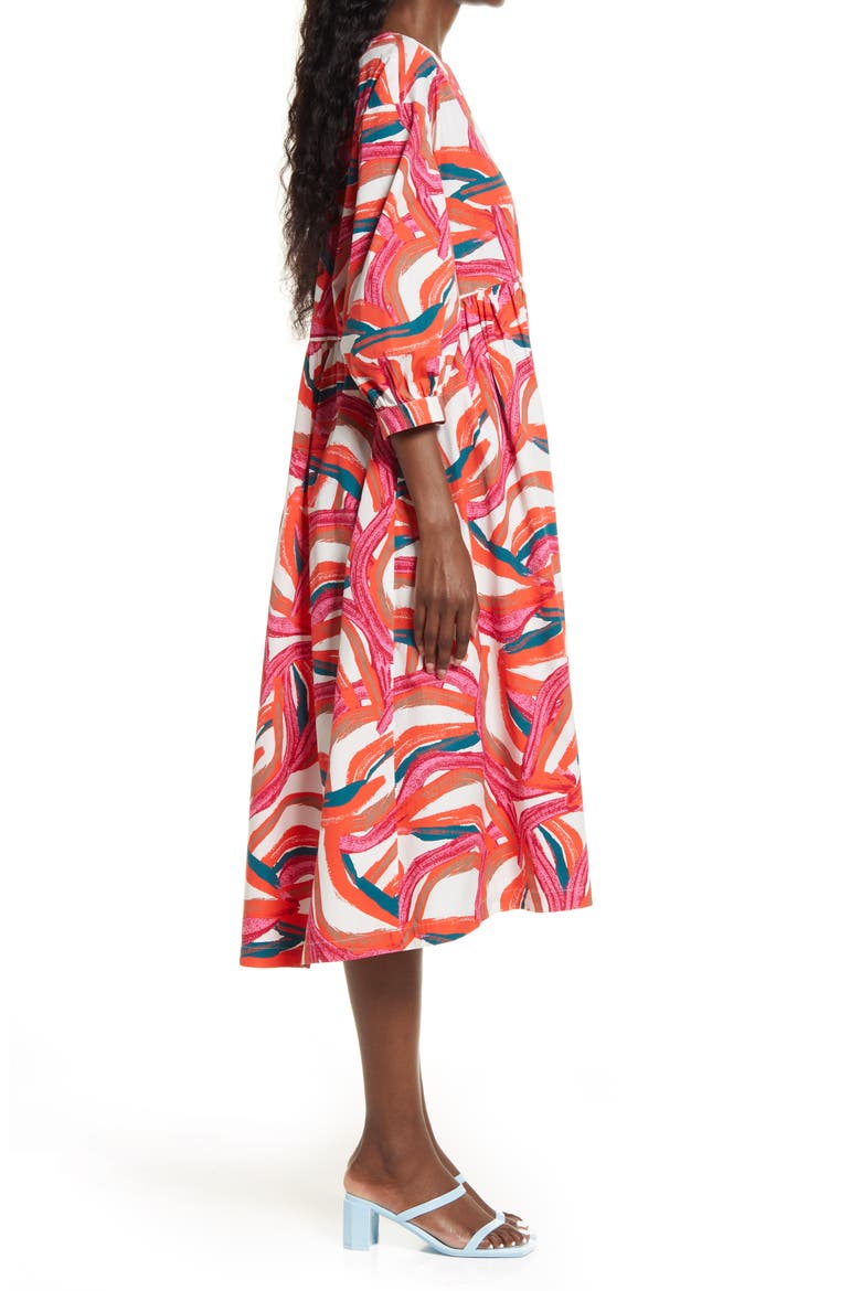 Cristina Martinez Rainbow Print Long Sleeve Cotton Dress, Alternate, color, IVORY RAINBOW MIX