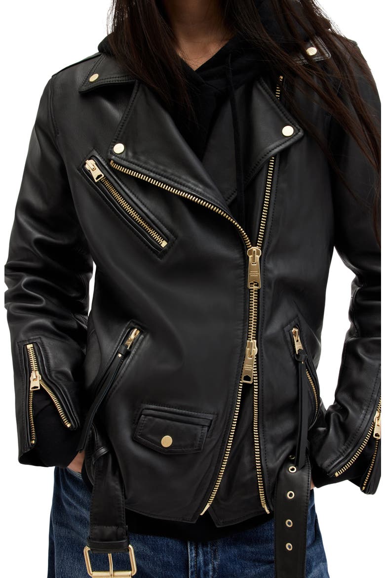 Billie Oversize Leather Biker Jacket, Alternate, color, BLACK/ GOLD