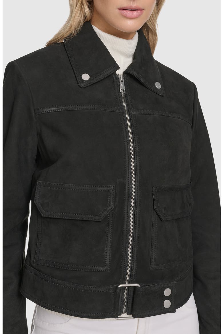 Luneta Suede Trucker Jacket, Alternate, color, BLACK