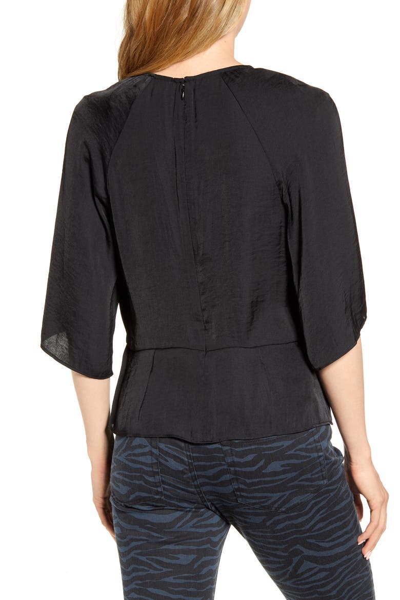 Bell Sleeve Tie Waist Hammered Satin Blouse, Alternate, color, RICH BLACK