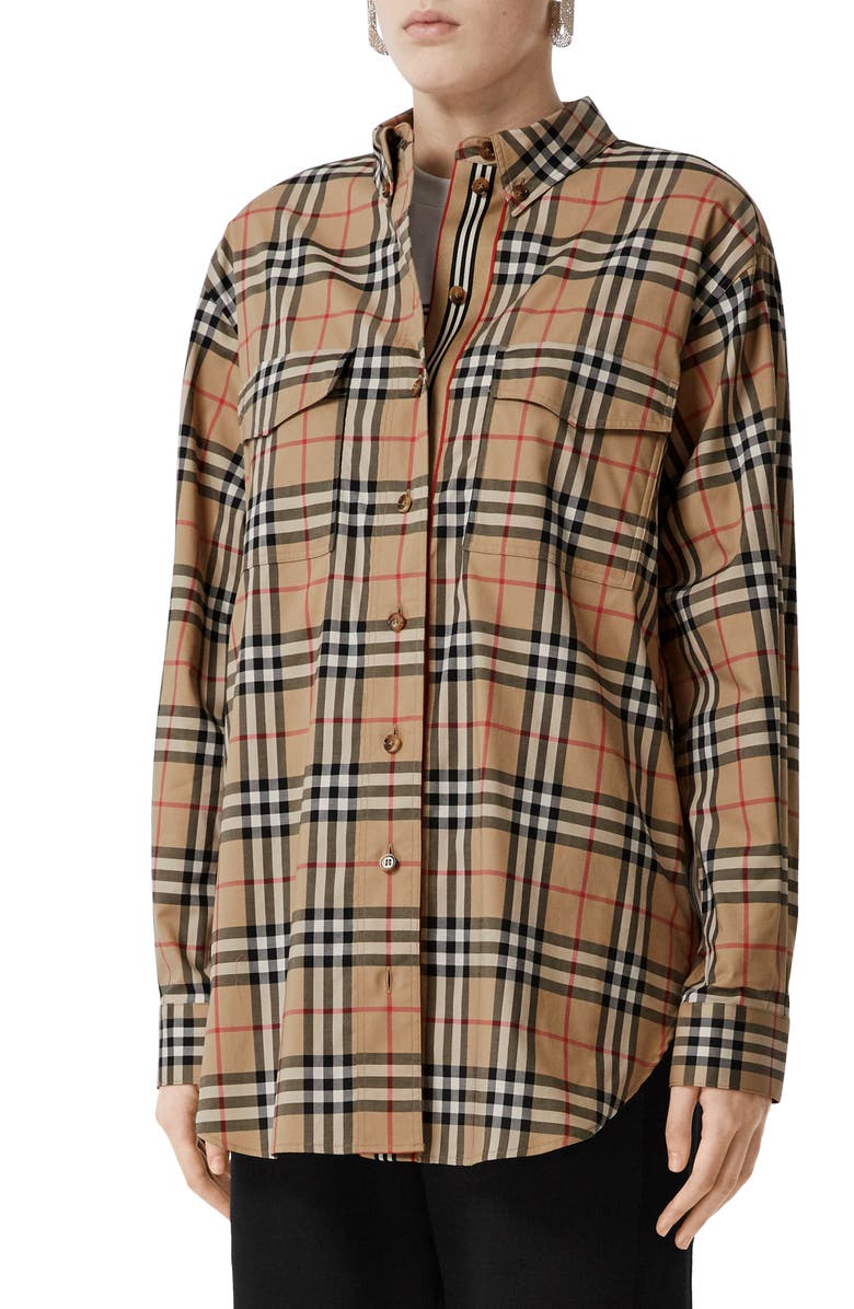Burberry Turnstone Oversize Vintage Check Stretch Cotton Shirt, Main, color,