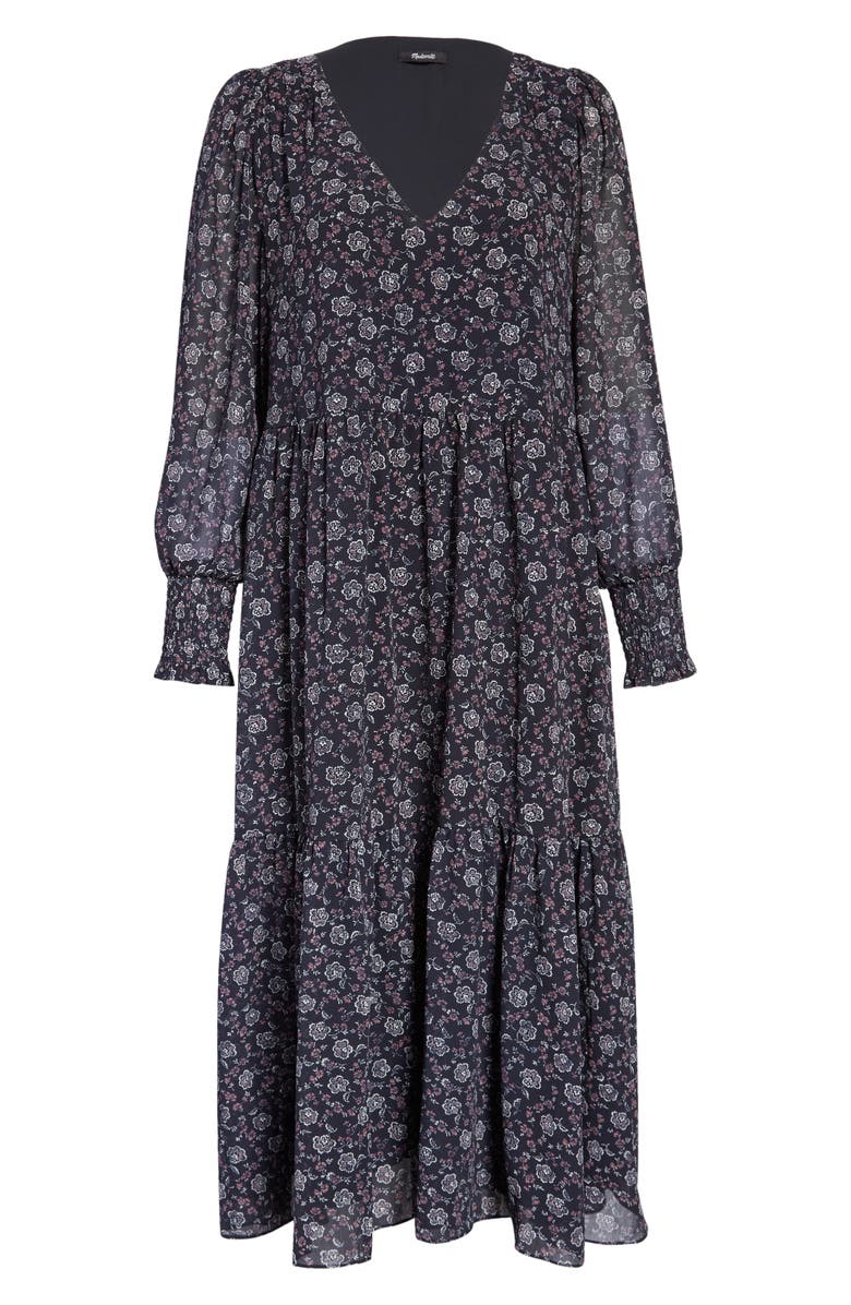 Madewell Enchanted Floral Long Sleeve Georgette V-Neck Tiered Midi Dress, Alternate, color, Night Vision