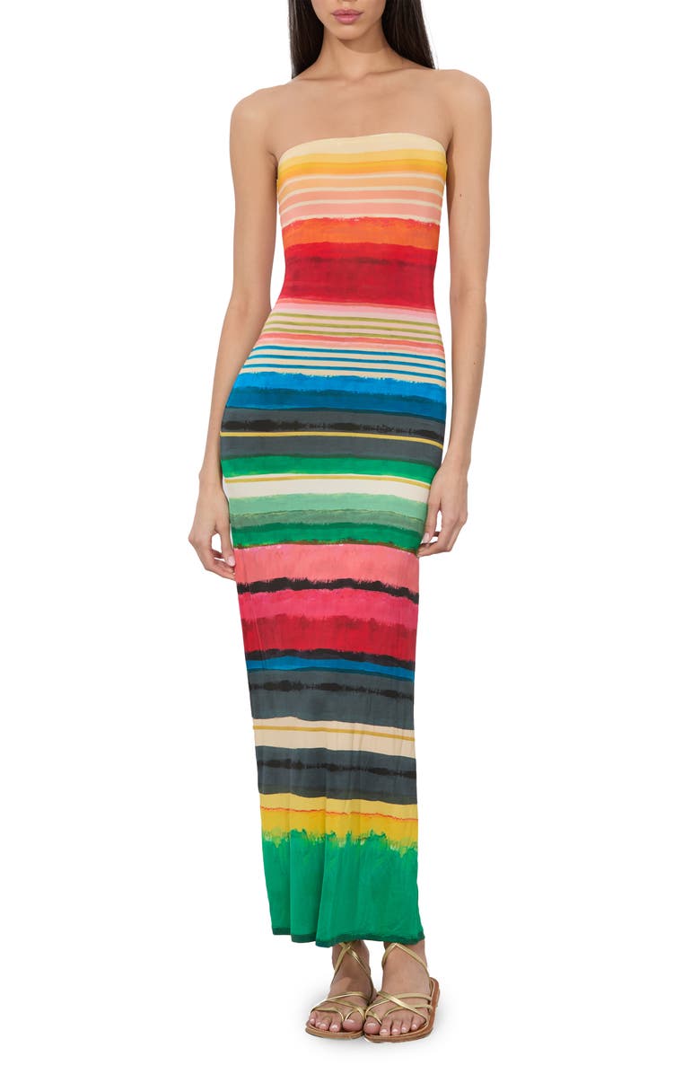 Alice + Olivia Delora Stripe Strapless Midi Dress, Main, color, Rainbow Reef