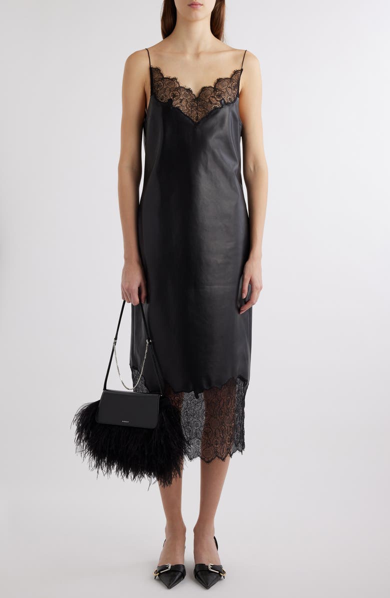 Givenchy Leather & Lace Midi Slipdress, Main, color, 
