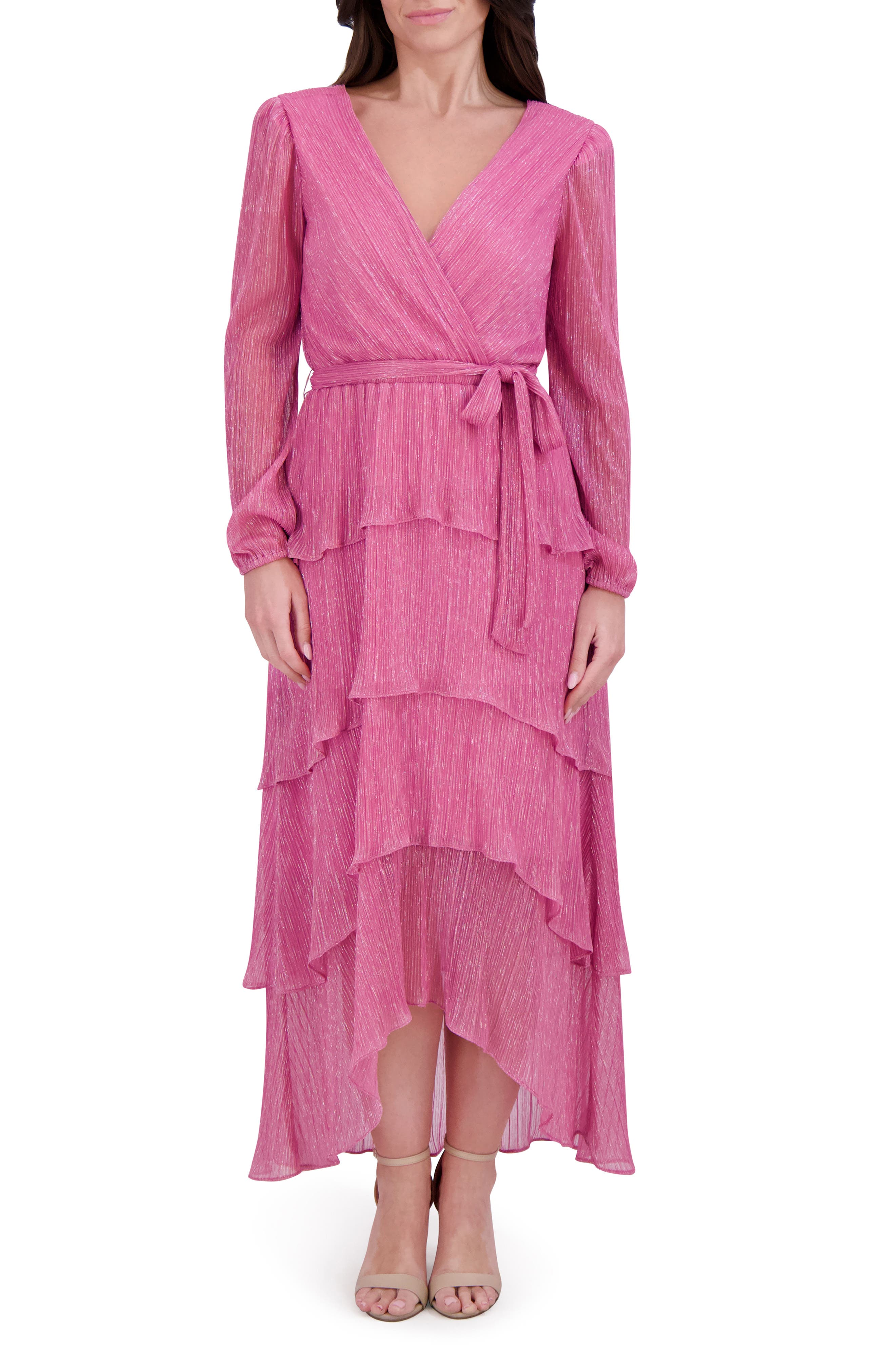 Kensie Shimmer Knit Long Sleeve Tiered Ruffle Dress