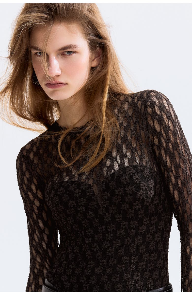 H&M Lace-look Thong Body, Alternate, color, Dark Brown