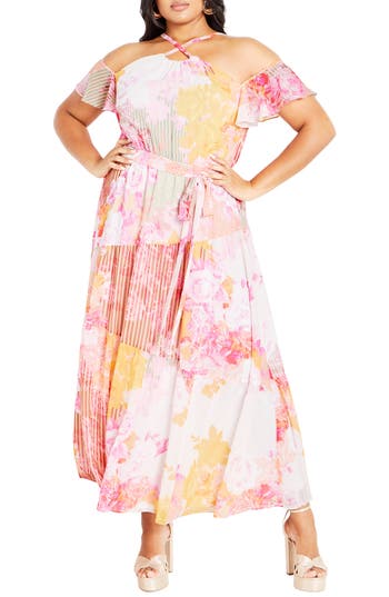 City Chic Vera Cold Shoulder Maxi Dress In Multi